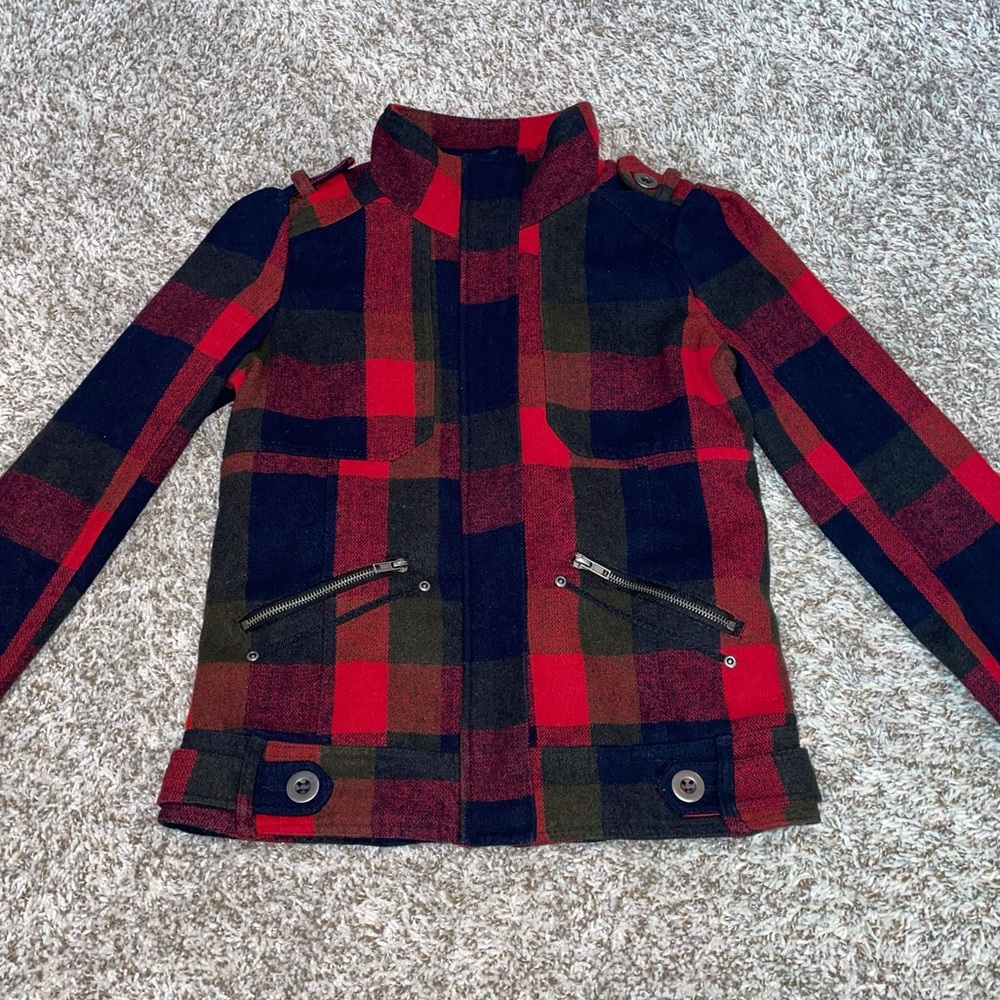 2B BEBE RED CHECKER PLAID Thick Zip Up Button Down Jacket Size Small